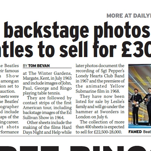 Fab backstage photos of Beatles to sell for £30k
